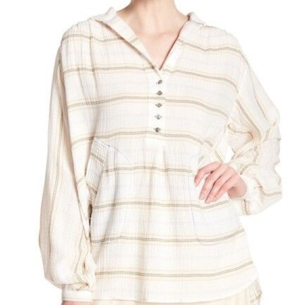 Free People Rolling Clouds 100% Cotton Hooded Blouse Ivory Cream Striped - Picture 3 of 8